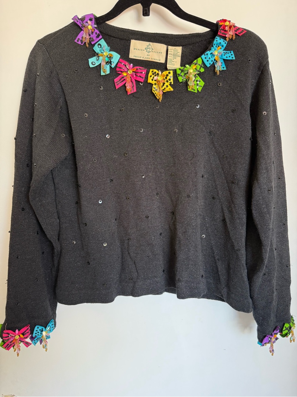 Charming Black Embellished Crewneck Colorful Beaded Bows - Design Option